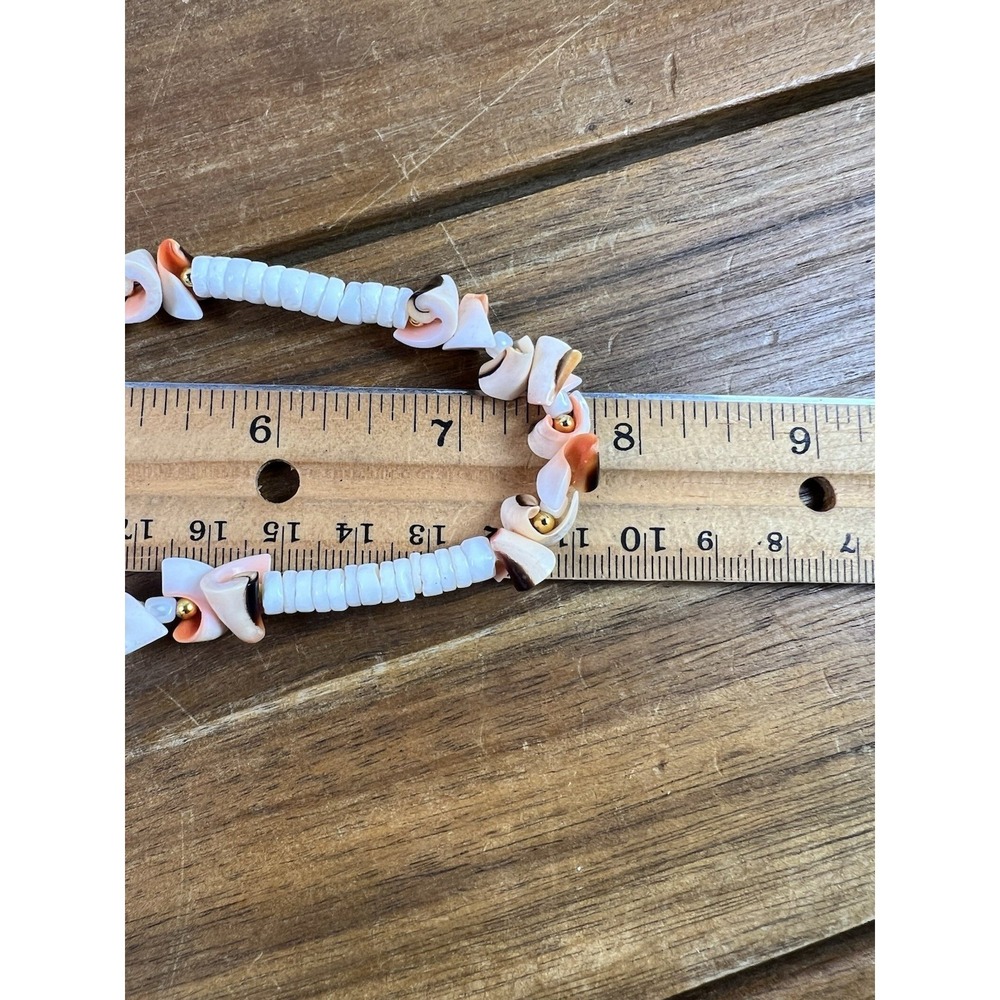 Vintage Coastal Shell Heishi Bead Necklace Bracelet Set Boho Beachy Peach White - Picture 6 of 9